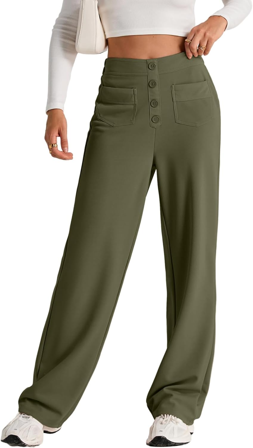 Women's Spring Dress Pants High Waist Straight Leg Pants Button Down Bottoms Work Pants Trousers with Pockets