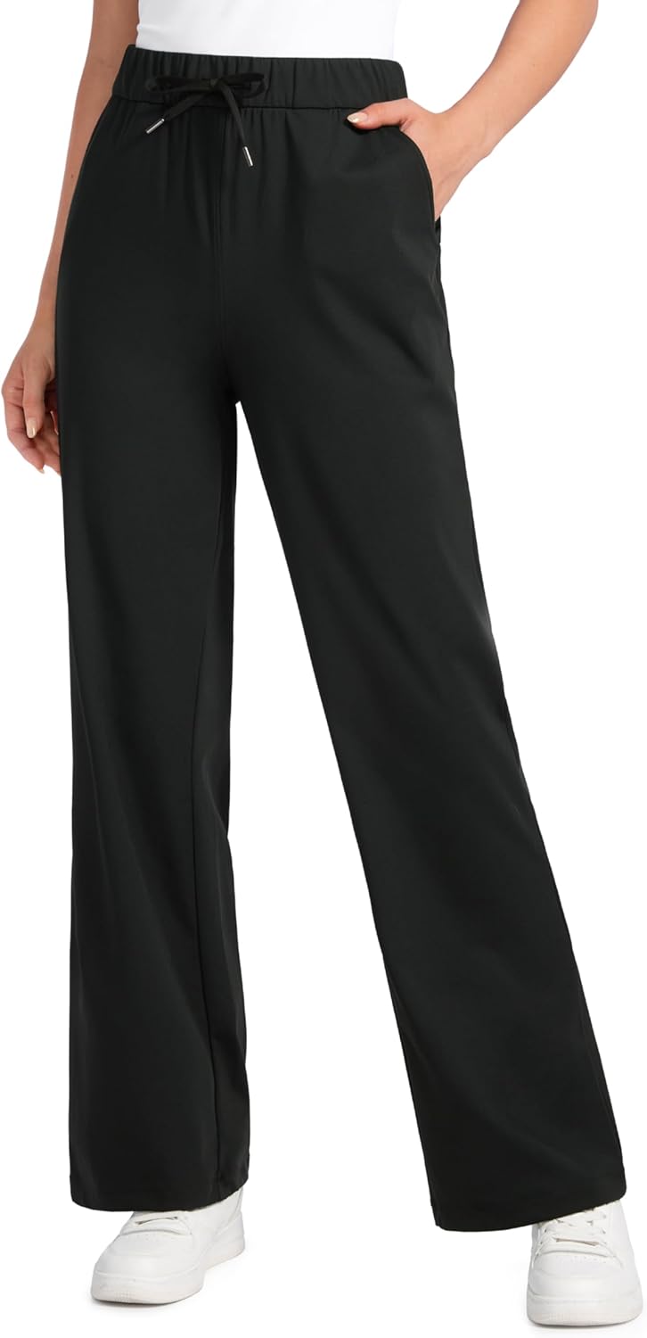 4-Way Stretch Casual Pants for Womens 30.5" Straight Wide Leg Work Pants with Pockets