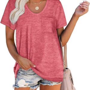 Women Summer T Shirts Short Sleeve Rounded V Neck Pocket Tee Tops