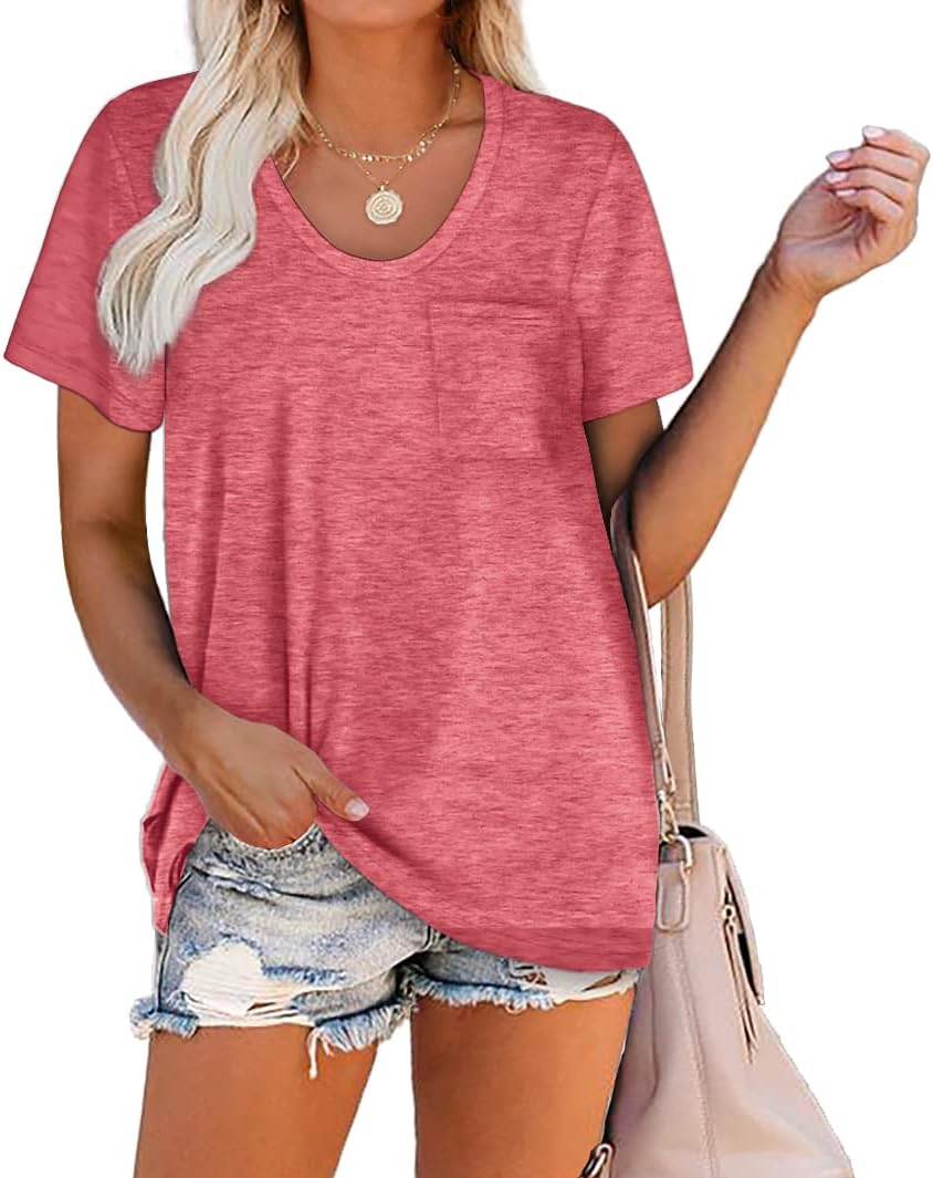 Women Summer T Shirts Short Sleeve Rounded V Neck Pocket Tee Tops