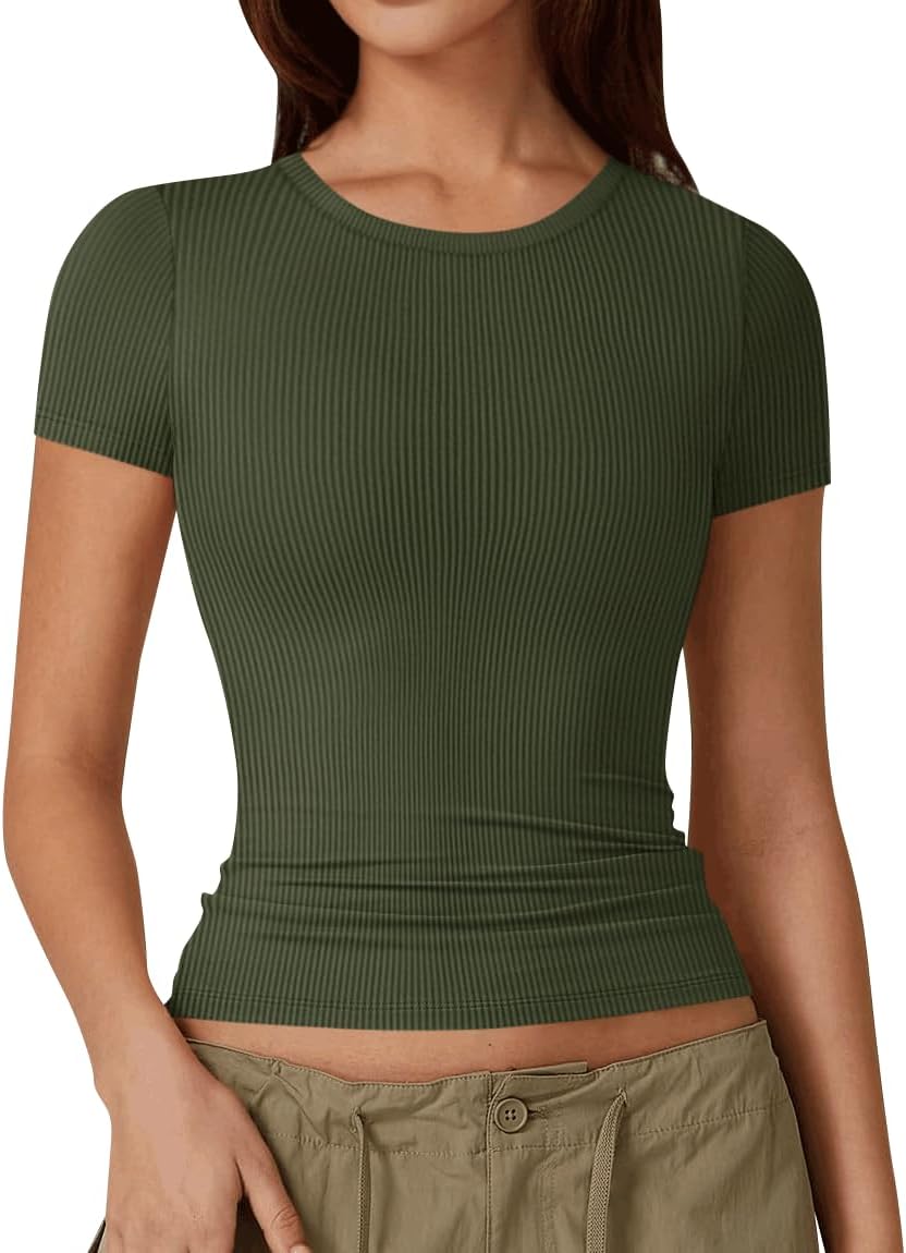 Women Short Sleeve Shirts Lightweight Thermal Tops Ribbed Knitted Outfit Tees Soft Crew Neck Undershirt Basic Clothes