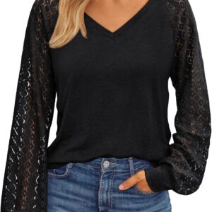 Womens Long Sleeve Shirts V-Neck Lace Tops Business Casual Blouses Tee Trendy  Fall Fashion Outfits Clothes
