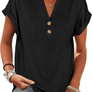 Womens Short Sleeve Henley Tops V Neck Dressy Casual Loose Fit Shirts Summer Going Out Flowy Blouses