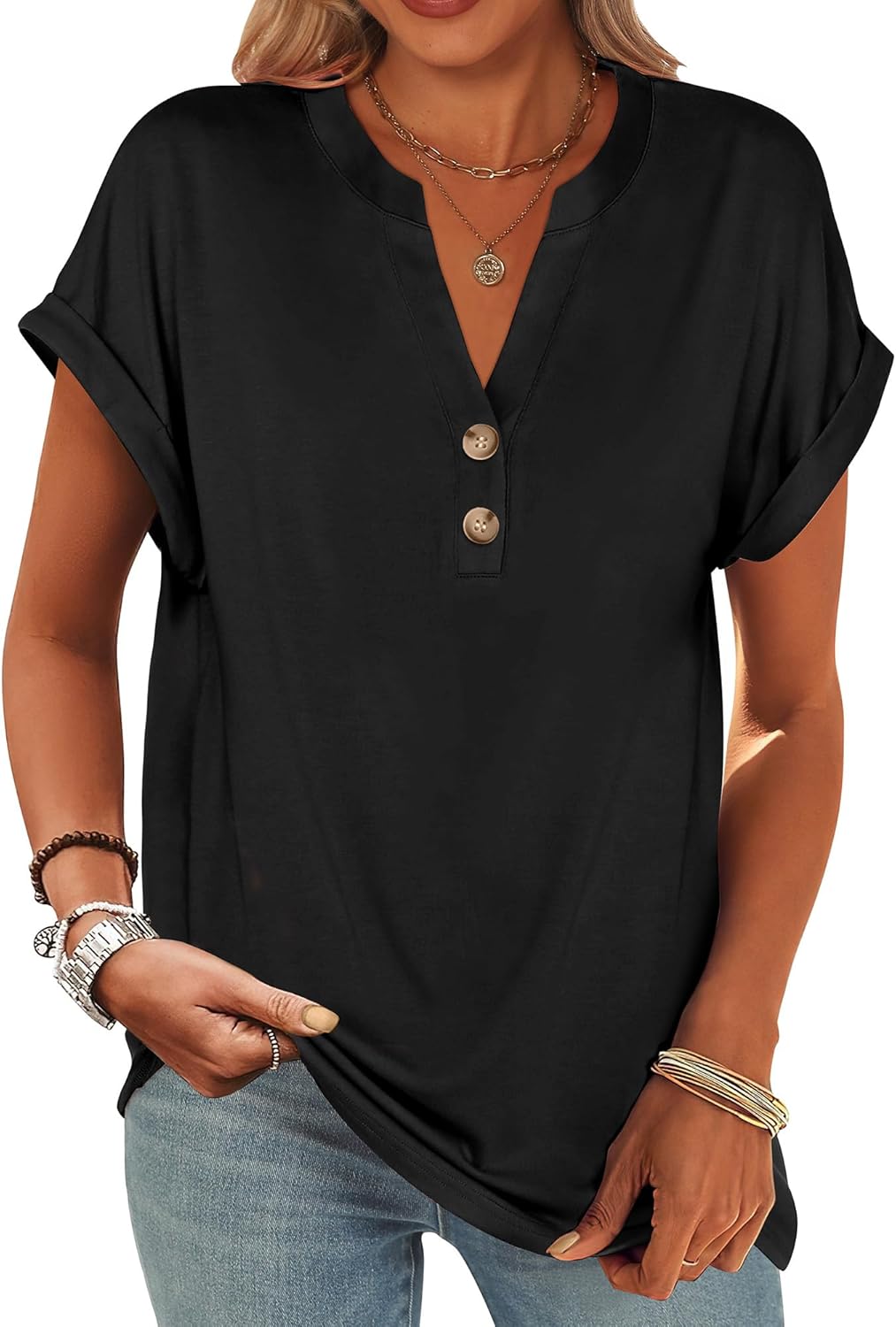Womens Short Sleeve Henley Tops V Neck Dressy Casual Loose Fit Shirts Summer Going Out Flowy Blouses