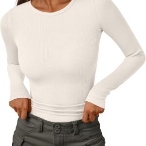 Womens Ribbed Shirts Crewneck Fitted Tops Casual Underscrubs Layer Slim Basic T-Shirts
